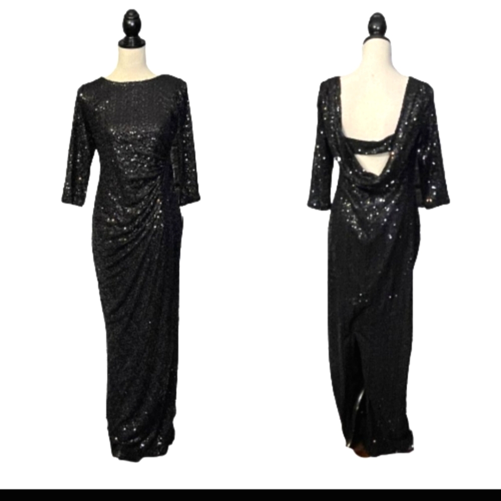 NWT Marina Black Sequin Draped Back Ruched Very SEXY Evening Gown Lds Sz 6